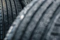 Stack of brand new high performance car tires Royalty Free Stock Photo