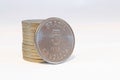 Stack of Brazilian cruzado coins on the white background