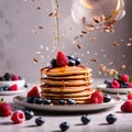 Stack of breakfast pancakes, traditional breakfast meal, dynamic food photography