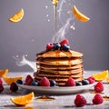 Stack of breakfast pancakes, traditional breakfast meal, dynamic food photography