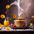 Stack of breakfast pancakes, traditional breakfast meal, dynamic food photography