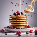 Stack of breakfast pancakes, traditional breakfast meal, dynamic food photography