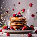 Stack of breakfast pancakes, traditional breakfast meal, dynamic food photography