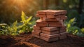 Stack of Red Bricks in Garden Setting at Sunset Royalty Free Stock Photo
