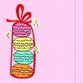 Stack of bright macarons with red ribbon and bow, sketch style vector illustration