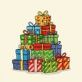 A stack of brightly colored, cartoon-style gift boxes in various sizes, decorated with Royalty Free Stock Photo