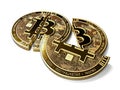 Stack of broken or cracked Bitcoin coins laying on white background. Bitcoin crash concept. 3D rendering