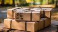 A stack of brown boxes sitting on top of a wooden table. Generative AI image.