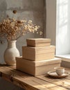 Stack of Brown Cardboard Boxes with Beige Vase Near Window Still Life Royalty Free Stock Photo