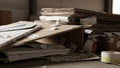 Stack of brown cardboard boxes and papers with tape dispenser Royalty Free Stock Photo