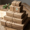 Stack of brown cardboard boxes of varying sizes, tied with twine, on a wooden table. Royalty Free Stock Photo