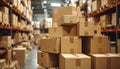 Stack of brown cardboard boxes in warehouse aisle with orange shelving Royalty Free Stock Photo
