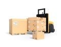 Stack of brown cardboard boxes on wooden pallet, self-driving forklift isolated on white background