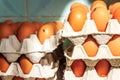Fresh brown eggs with yolk on cardboard tray Royalty Free Stock Photo