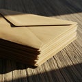 A stack of brown envelopes rests on a wooden surface. The envelopes are neatly Royalty Free Stock Photo