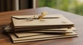 Stack of brown envelopes on a wooden table. Envelopes feature a leaf logo and are Royalty Free Stock Photo