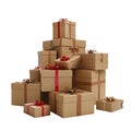 Stack of Brown Gift Boxes with Red and Gold Ribbons Royalty Free Stock Photo