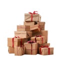 Stack of Brown Gift Boxes with Red Ribbons Royalty Free Stock Photo