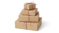 Stack of brown gift boxes with red ribbons Royalty Free Stock Photo