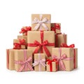 Stack of brown gift boxes with red and white ribbons Royalty Free Stock Photo