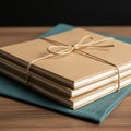 Stack of brown paper-bound notebooks tied with twine, resting on a textured teal cloth. Royalty Free Stock Photo