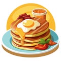 A stack of buckwheat flour pancakes served with a side of crispy bacon and eggs sunny side up. Royalty Free Stock Photo
