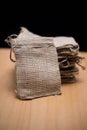 Stack of Burlap Bags Used as Favors at a Wedding Reception Party Royalty Free Stock Photo