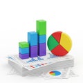 Stack of Business Reports with Colorful 3D Bar and Pie Charts finance data Royalty Free Stock Photo