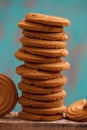 Stack of butter cookies/biscuits on wooden board with teal green rustic background Royalty Free Stock Photo