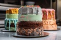 a stack of cakes, each layer with a different flavor and frosting design