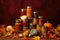 stack of canned vegetables with autumn leaves