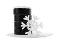 Stack of car tires covered with snow on snow patch over white background with abstract snowflake standing next to it, winter tire Royalty Free Stock Photo