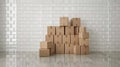 A stack of cardboard boxes against a white tile wall, possibly in a storage unit or a home during a move Royalty Free Stock Photo