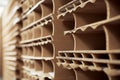 A stack of cardboard boxes with corrugated edges and sides, neatly organized. The cardboard material has a textured, paper-like