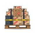 Stack of Cardboard Boxes and Crates on Wooden Pallet with Fragile Labels and Yellow Caution Tape Royalty Free Stock Photo