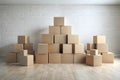 A stack of cardboard boxes in an empty room against a white brick wall. Generative AI Royalty Free Stock Photo