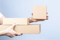 Stack of cardboard boxes in female hands. Woman showing small blank brown box. Blank parcel boxes on light blue Royalty Free Stock Photo