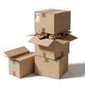 Stack of cardboard boxes with one open and crumpled paper inside Royalty Free Stock Photo