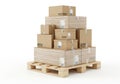 Stack of cardboard boxes on pallet isolated on white background Royalty Free Stock Photo