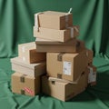 A stack of cardboard boxes of various sizes sits against a green fabric backdrop. The Royalty Free Stock Photo