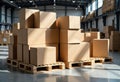 Stack of cardboard boxes on wooden pallets in a warehouse with high ceilings and Royalty Free Stock Photo