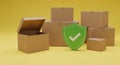 Stack of Cardboard Shipping Boxes with an Open Box and a Green Shield Icon with a Check Mark delivery Royalty Free Stock Photo