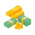 Stack of cash coins and gold bar isometric illustration. Royalty Free Stock Photo