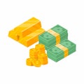 Stack of cash coins and gold bar isometric illustration. Royalty Free Stock Photo