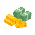 Stack of cash coins and gold bar isometric illustration. Royalty Free Stock Photo