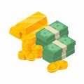 Stack of cash coins and gold bar isometric illustration. Royalty Free Stock Photo