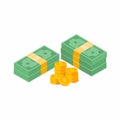 Stack of cash symbol flat style isometric illustration. Gold coins with dollar sign. Royalty Free Stock Photo