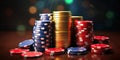 A stack of casino chips being used in a game of poker, with the chips being bet and won by the players. Royalty Free Stock Photo