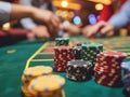 Stack of casino chips or poker chips on gambling table in ground casino Royalty Free Stock Photo