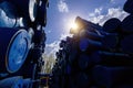 Stack of cast iron pipes in loading area waiting for transportation Royalty Free Stock Photo